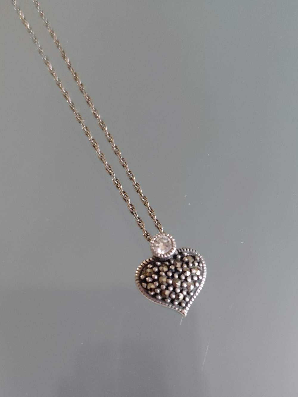 Vintage Judith Jack Sterling Silver Marcasite CZ Heart Necklace